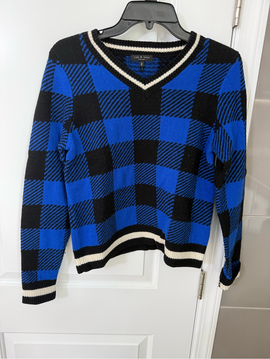 Rag & Bone Blue And Black Plaid V-Neck Sweater With Cream Trim